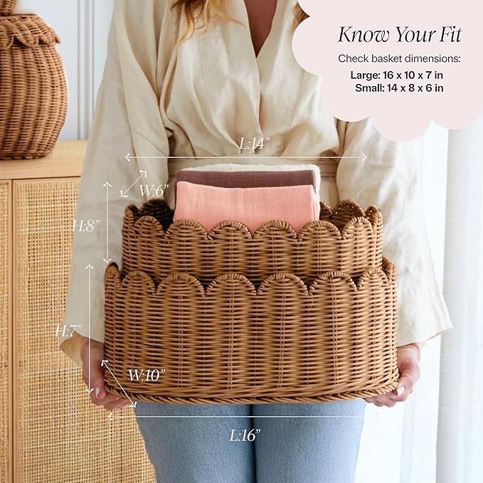 BEBE BASK Premium Scalloped Basket Set Of 2 - Scallop Basket - 16 x 10 x 7 Inch - Hand-Woven Elegant Wicker With Scalloped Edge - Nursery Storage (Mocca)