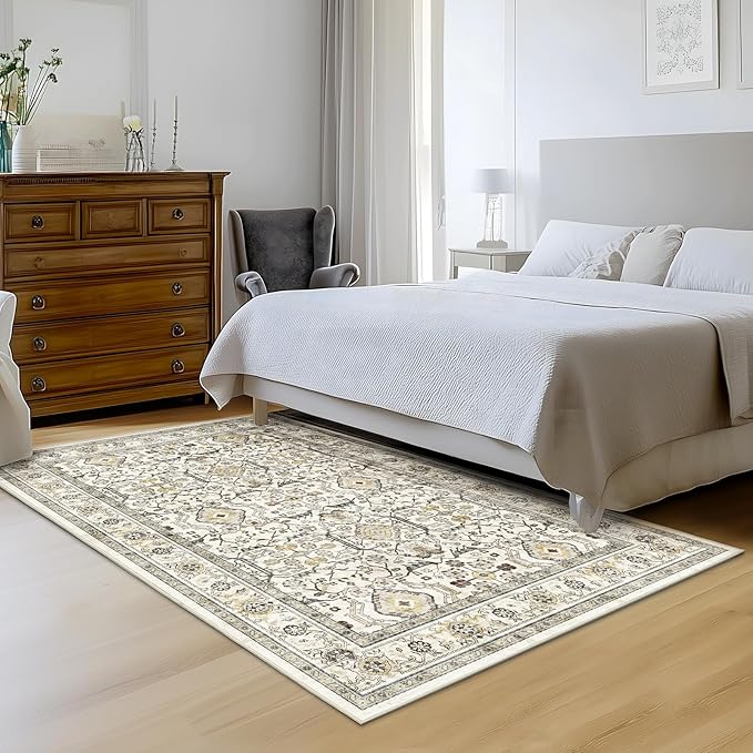 WITSHOCK Living Room Area Rugs 5x7: Washable Rug Boho Soft Non-Slip Low Pile Stain Resistant Foldable Carpet for Bedroom Playroom Dining Room Office Kitchen Farmhouse Home Decor Rug-Cream Color
