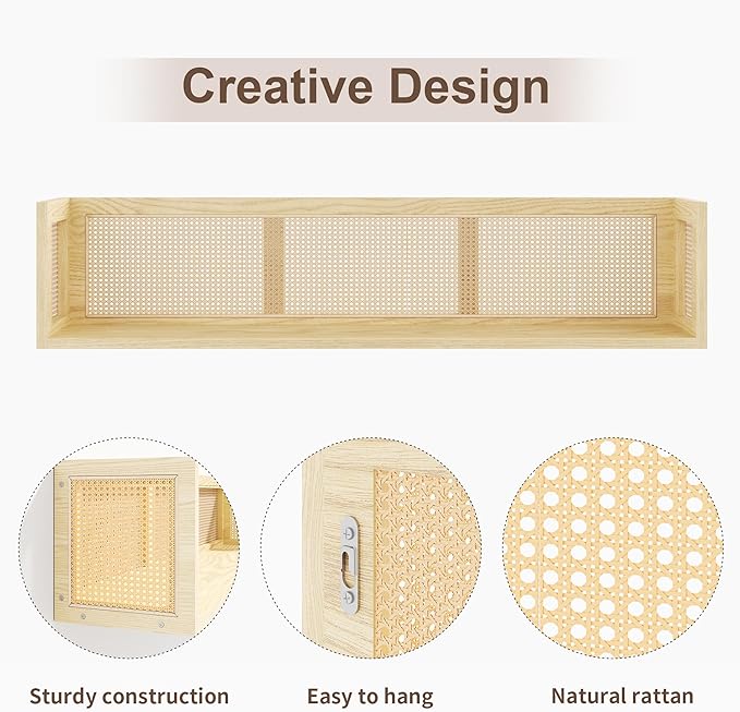 Rattan Wall Shelf - 36 Inch Long Natural Pine Wood Floating Wicker Shelf for Neutral Nursery Decor and Living Room, Bedroom