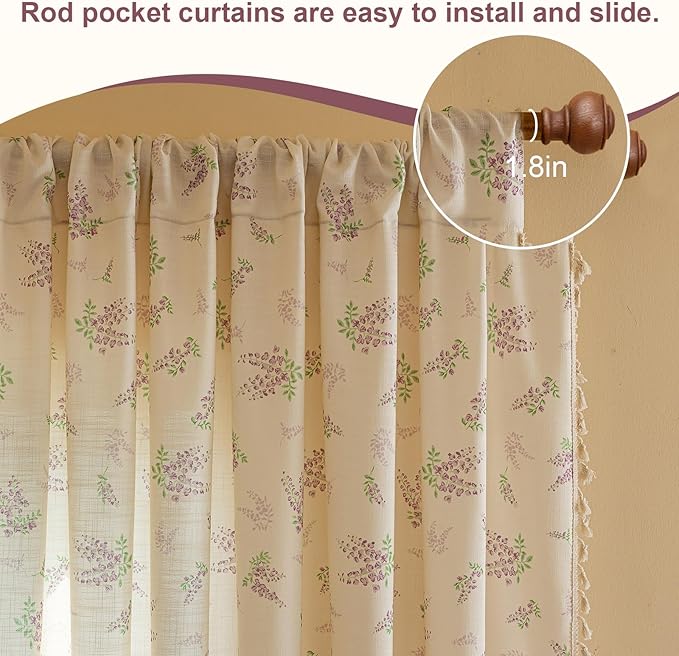 OYX Purple Boho Floral Curtains 96 Inch Length 2 Panels for Living Room, Bedroom Light Filtering Drapes, Farmhouse Country French Rustic Tassels Patterned Rod Pocket Aesthetic Decor Window Treatments