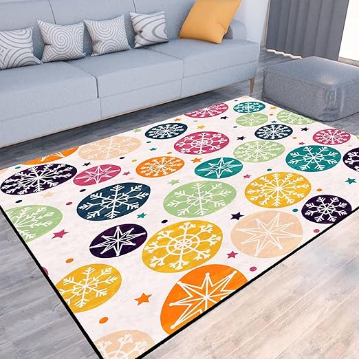 Christmas Rug Winter Stars Area Rugs for Bedroom Dorm Living Room White Bohemian Snowflakes Throw Rug Floor Mat Pad Doormat Carpet, 6' x 9'(180 x 275cm)