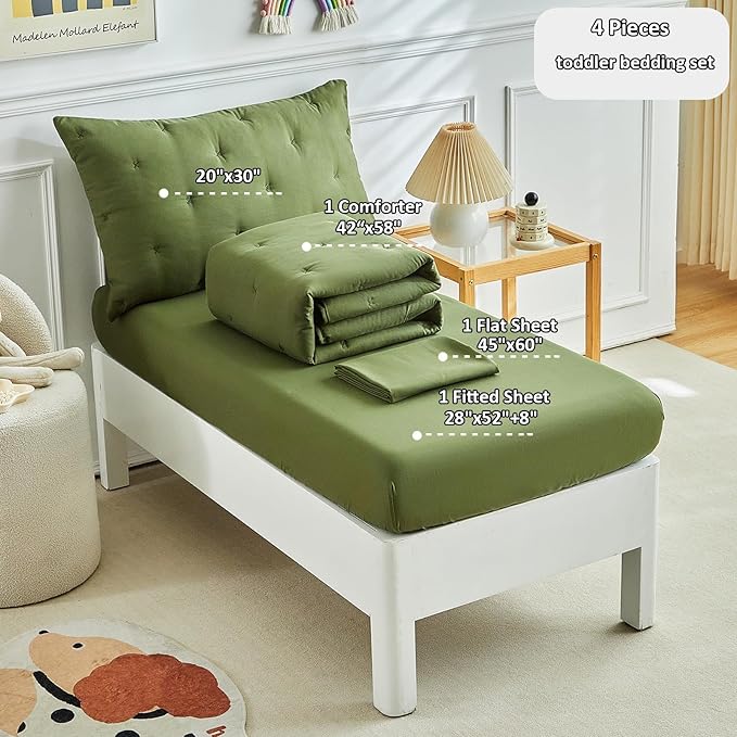 DuShow 4 Piece Toddler Bedding Set,Embroidery Crib Comforter Set for Boys Includes Toddler Bed Comforter,Fitted Sheet,Flat Sheet and Envelope Pillowcase,Soft Toddler Bed Sheet Set-Olive Green ﻿