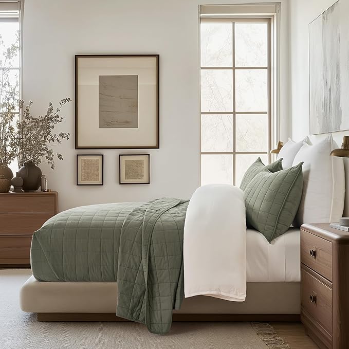 EVERGRACEHOME 100% Cotton Box Stitch Quilt Bedding Set Queen Size 3 Pieces, Garment-Washed Lightweight Soft Cozy Coverlet, Quilted Bedspread Sets with 2 Shams for All Season, Olive Green