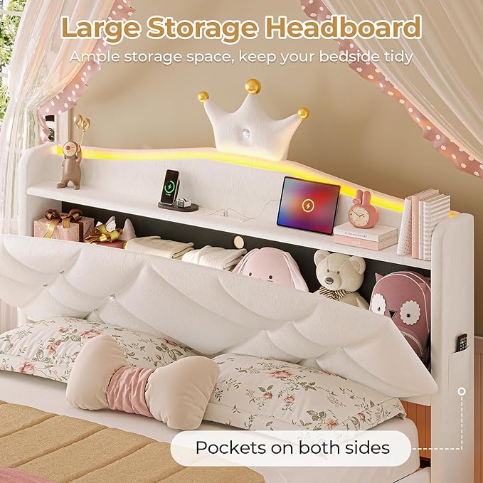 MSmask Full LED Bed Frame with Storage Headboard & 2 Storage Drawers, Princess Upholstered Bed with Charging Station & Crystal Button & Crown, Velvet Platform Bed for Girls, Curved Legs, White