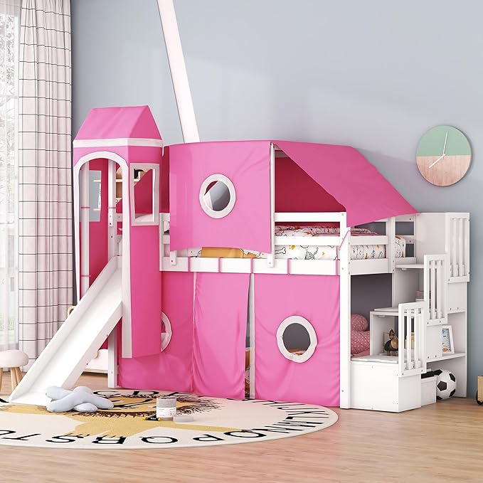 Playhouse Twin Size Low Loft Bed with Slide & Tent and Tower, Solid Wood Tent Bed Frame with Storage Staircase for Kids Teens Boys Girls, Versatile Spacious Under Bed Space with Curtains (Pink-TST)