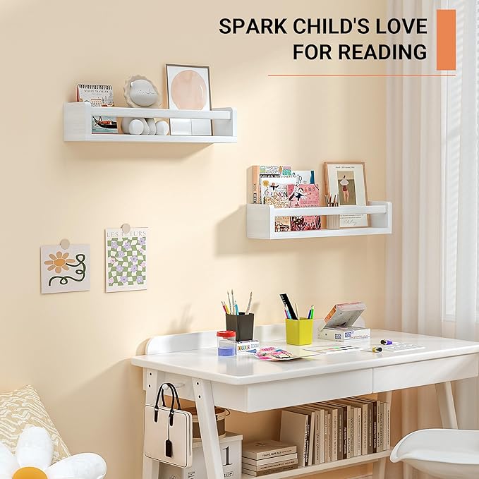 Heimlove Nursery Floating Shelves, White Nursery Book Shelves for Wall, 16 inch Wall Bookshelf for Kids Solid Wood Shelves for Books,Toys and Decor Storage, Set of 3