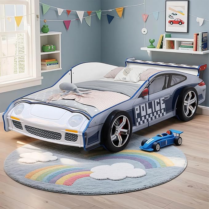 Bed Frames for Kids, Hero Patrol Police Car Bed Wooden Platform Bed Frame with LED Lights, Twin Size Chidren Bed Frame with Wood Slat Support, Fits Standard Twin Mattres (Blue)
