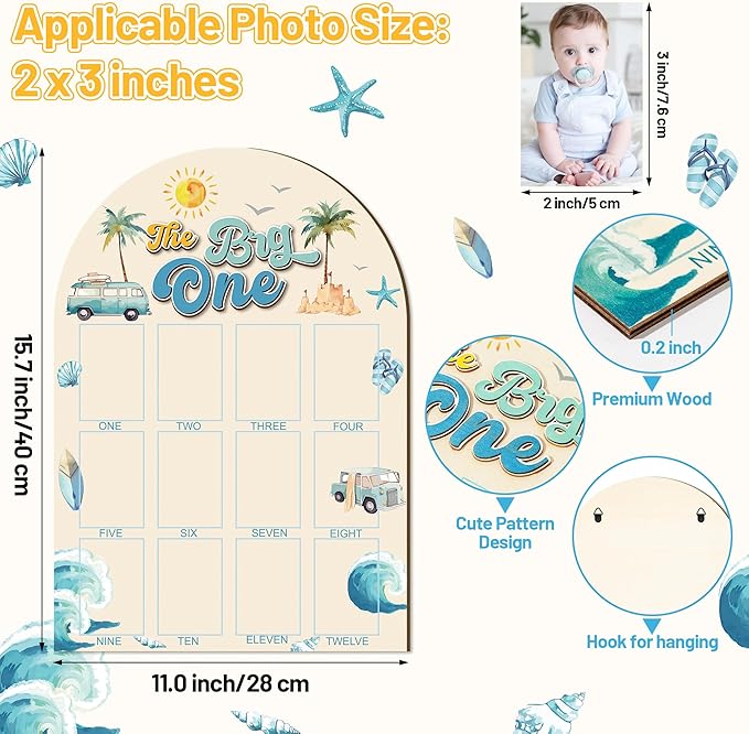 R HORSE My First Year Photo Display Wood Board - Baby’s First Year Picture Frame, 12 Months Milestone Board, 3D Summer Beach Neutral Baby Keepsake Gift One Year Old Birthday Nursery Decor for Girl Boy