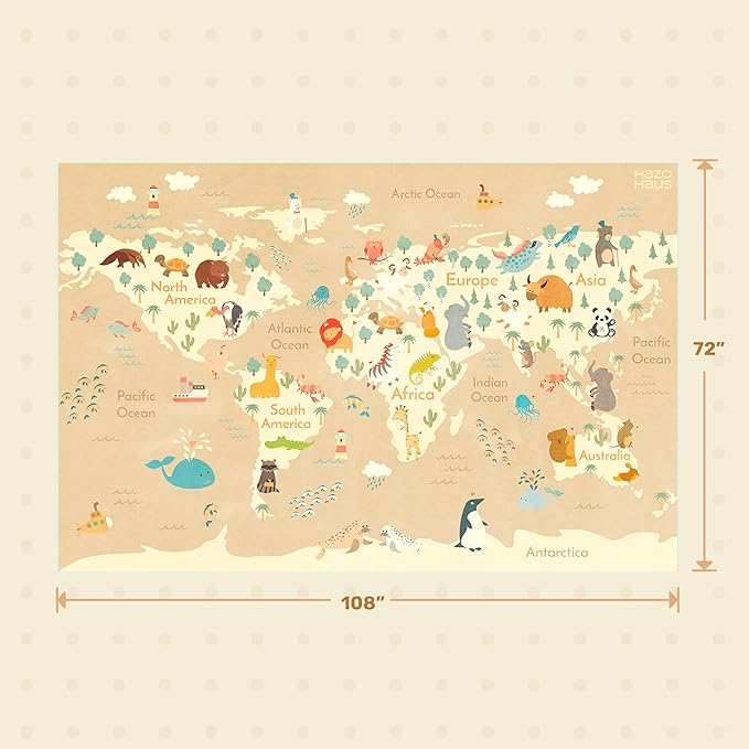 Large Kids Rugs for Classroom - 6x9 Kids Room Rug with Animal & Educational World Map Play Mat - Washable, Non-Slip, Stain Resistant, Soft & Safe for Child, Playroom Essentials - Soft Beige