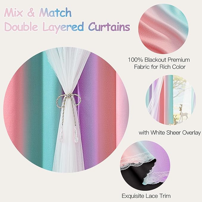 XiDi Kids Blackout Curtains with Sheer Overlay for Girl Bedroom 96 Inches Long Pink Purple Green Rainbow Princess Double Layer Curtain Thermal Insulated Room Darkening Grommet Drapes 2 Panels W52xL96
