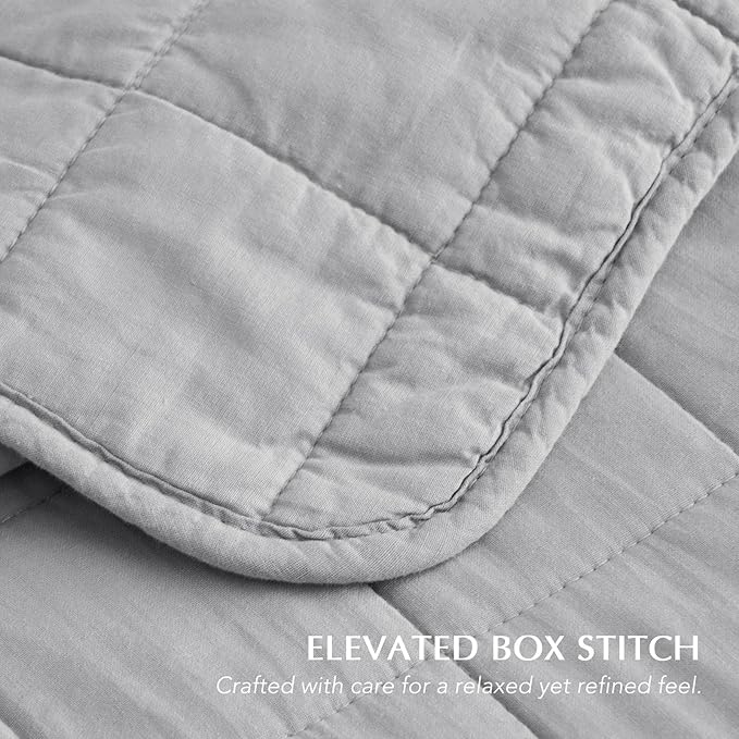 EVERGRACEHOME 100% Cotton Box Stitch Quilt Bedding Set King Size 3 Pieces, Garment-Washed Lightweight Soft Cozy Coverlet, Oversized Quilted Bedspread Sets with 2 Shams for All Season, Fog Gray