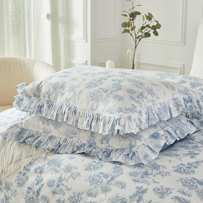 Brandream French Country Toile Duvet Cover Set Full Size for Girls Bedroom Vintage Blue Toile Floral Print 100% Cotton Delicate Ruffle Fringe Soft and Breathable, 3 Pieces Bedding with Zipper Closure