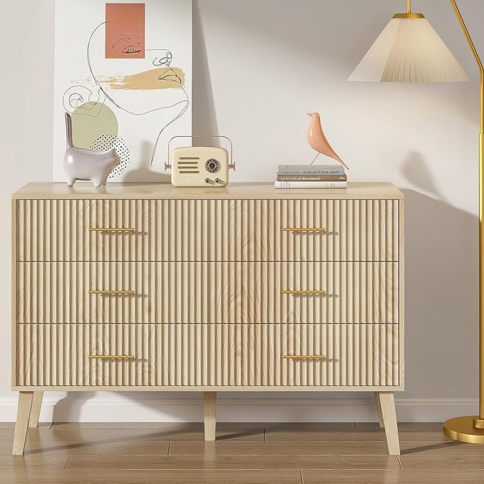 Accent 6 Drawer Dresser, Modern Closet Dressers Chest of Drawers with Fluted Panel, Living Room Bedroom Nursery Entryway and Hallway (Oak)