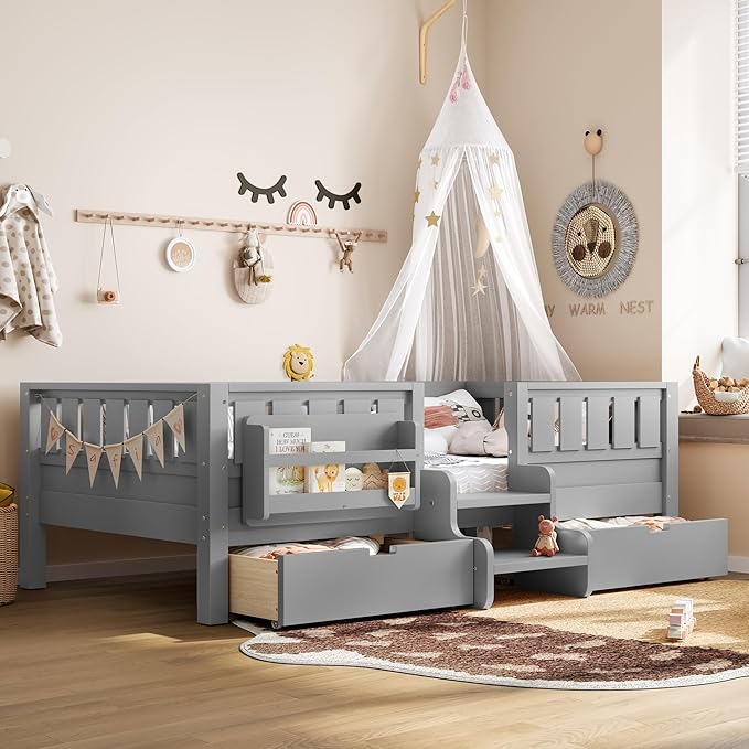 Bellemave Twin Bed with Slats and Stairs, Twin Size Platform Bed Frame with Fence, Bookshelf and Storage Drawers, Easy Assemble Beds for Kids, Girls, Boys, Gray