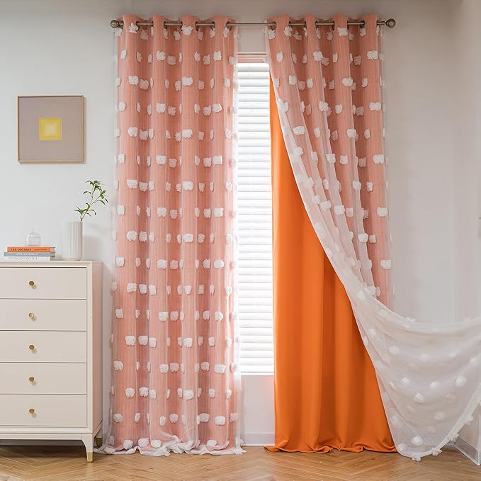 MYSKY HOME Orange Curtains 90 Inch Long for Living Room Nursery Curtains for Bedroom Double Layer Curtains White Pom Pom Sheer Curtains for Dining Room Grommet Room Darkening Window Panels 52" x 90"