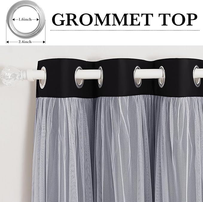 PONY DANCE Curtains for Bedroom - Blackout Curtains and White Sheer Overlay Light Blocking Drapes for Dining Room with Free Tiebacks, cortinas para sala modernas (52x63 inches, Black, 2 Pieces)