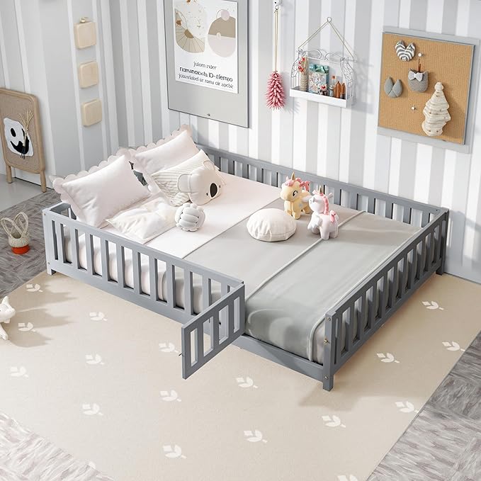 Full Size Floor Platform Bed with Fence and Lockable Door, Wood Montessori Bed Frame with Slat Support for Kids,Girls,Boys, Easy to Assemble,Grey