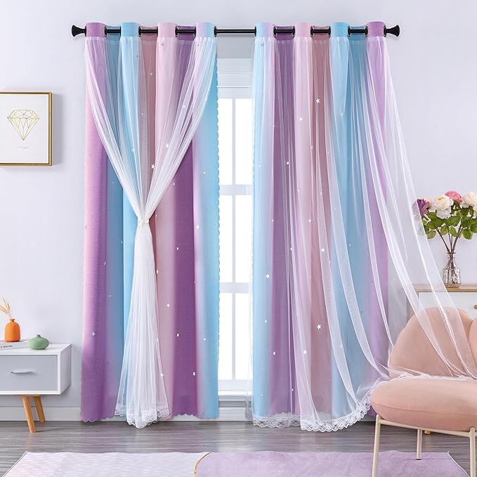 XiDi Curtains for Girls Bedroom Decor 2 Panels Set Kids Rainbow Blackout Curtains for Nursery Room Darkening Princess Unicorn Wall Decals Little Girl Room Pink Purple 34Wx79L