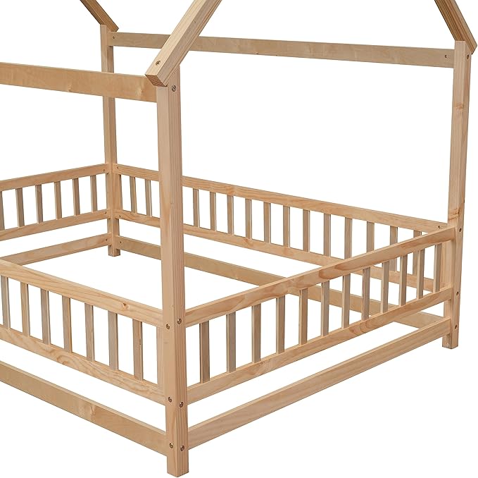 Bellemave Full Size House Bed for Kids,Solid Wood Floor Bed, Montessori Floor Bed with Fence and Roof,Playhouse Full Bed Frame for Girls,Boys(Full,Natural)