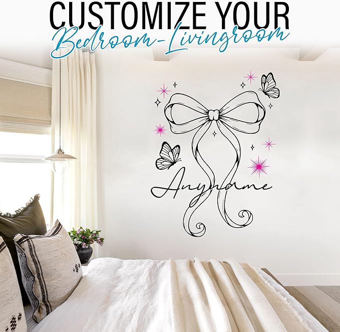 Custom Cute Coquette Butterfly Wall Decal Personalized Bow Name Transparent DTF Vinyl Removable Nursery Wall Decals for Baby Kids Room, Teen Bedroom, Window, Cute Home Decor Gifts