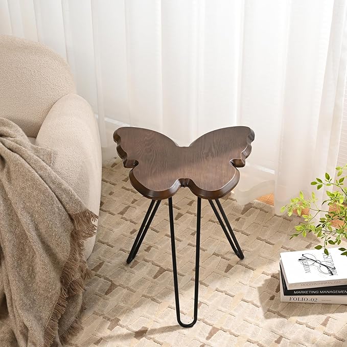 Butterfly Accent Side Table, Walnut Brown MDF Wood Top & Black Hairpin Legs, Small Modern End Table，21.75" Tall for Living Room, Bedroom or Small Spaces