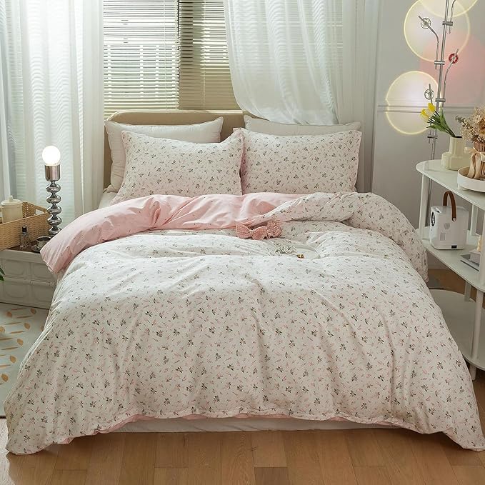 Pink Flower Duvet Cover Full Size Girls Cottage Floral Duvet Cover with 2 Pillowcases Soft 100% Cotton Flower Bedding Set Full Vintage Floral Comforter Cover with Zipper Closure for Girls Women