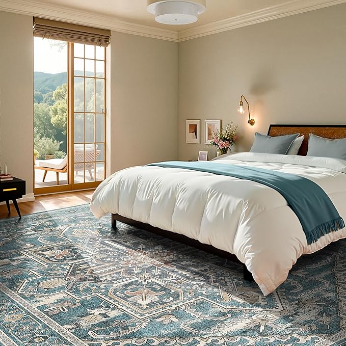 WITSHOCK Teal 10x14 Large Living Room Rugs: Washable Modern Vintage Boho Soft Low Pile Stain Resistant Foldable Carpet for Bedroom Playroom Dining Room Office, Distressed Farmhouse Floral Home Decor