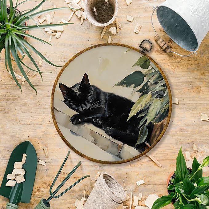 Hiuwevt Vintage Black Cat Round Wall Art Decor, Black Cat Lovers Mom Gifts Framed Canvas Prints, Retro Antique Cottagecore Round Wall Hanging Decor for Home Living Room Decorations, 10x10 Inches