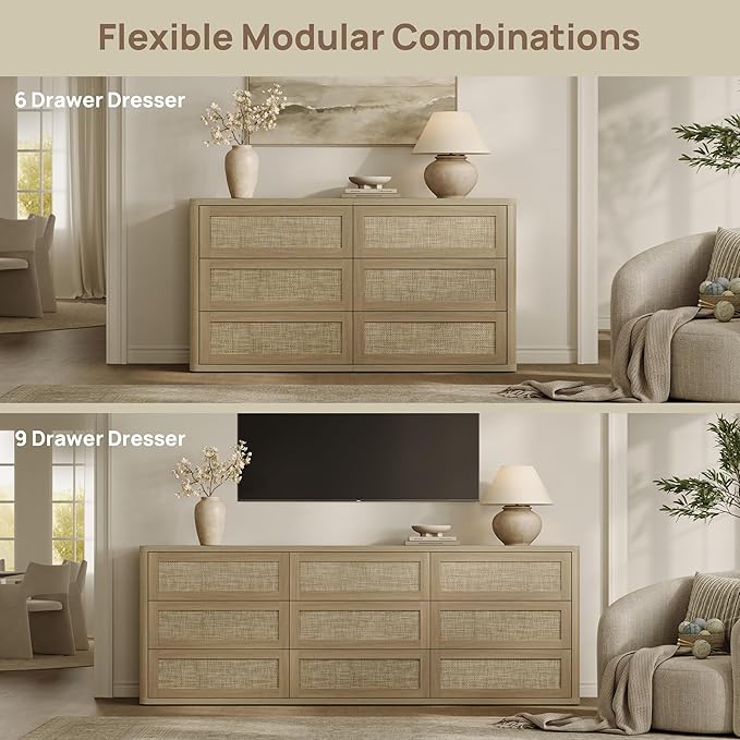 SICOTAS Dresser for Bedroom - 6 Drawer Dresser for Nursery 54" Wide Rattan Dressers & Chests of Drawers Boho Drawers for Bedroom Living Room Clothes Large Closet Storage for Closet Hallway Entryway