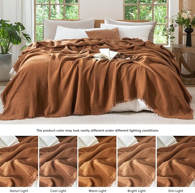 MooMee Muslin Blanket - 100% Cotton 4-Layer Gauze Throw Blanket with All-Around Fringe, Ultra-Soft Breathable Lightweight Cooling Decorative for Bed, Sofa & Couch (Drak Orange,Twin XL 66" x 90")
