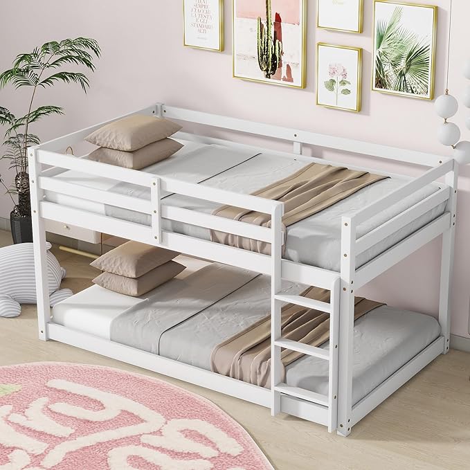 Bunk Bed Twin Over Twin, Wood Low Profile Floor Twin Bunk Beds with Ladder Guardrails for Kids Boys and Girls, No Box Spring Needed