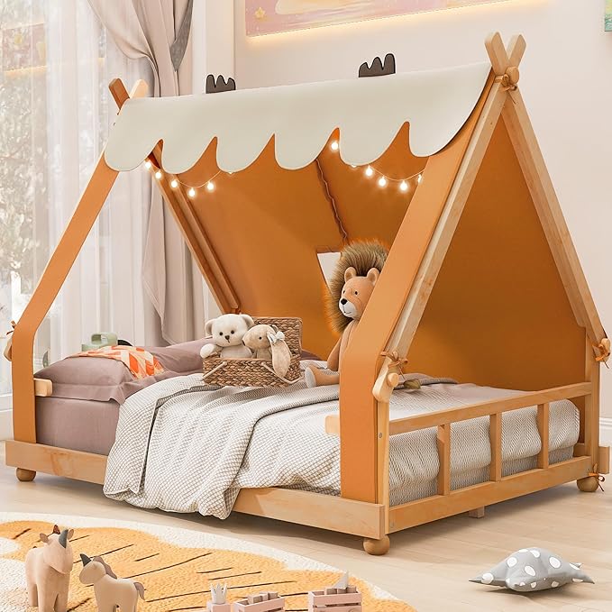 Full Size Floor Bed with Tent and Light, Wooden Montessori Bed Frame with Roof Design, Low Profile Beds for Kids, Boys and Girls, Brown