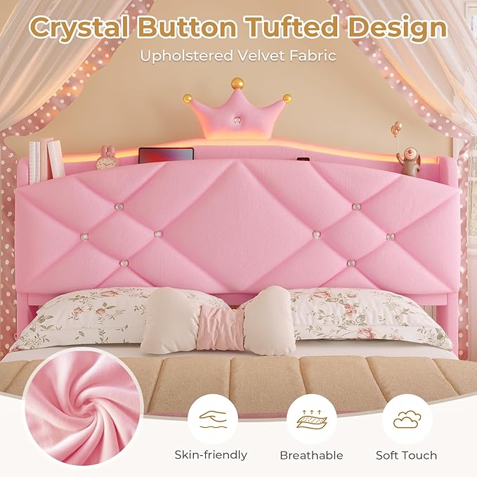 MSmask Full LED Bed Frame with Storage Headboard & 2 Storage Drawers, Princess Upholstered Bed with Charging Station & Crystal Button & Crown, Velvet Platform Bed for Girls, Curved Legs, Pink