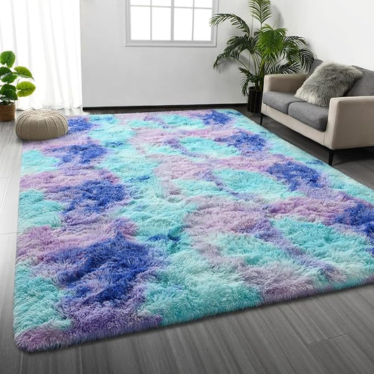 Shag Area Rug, 4 X 6 Tie-Dyed Plush Fuzzy Rugs for Living Room, Ultra Soft Fluffy Furry Rug for Bedroom, Indoor Carpet Nursery Rugs for Kids Room Home Decor, Rainbow