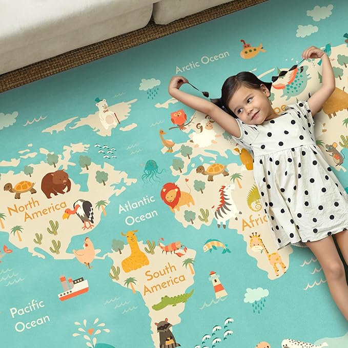 Washable Kids Playroom Rug – 5x7 Play Rug for Preschool Toddlers, Baby Girls, Educational with Cute Animals – Non-Slip, Stain Resistant, Soft & Safe for Bedroom, Play Room and Classroom - Blue