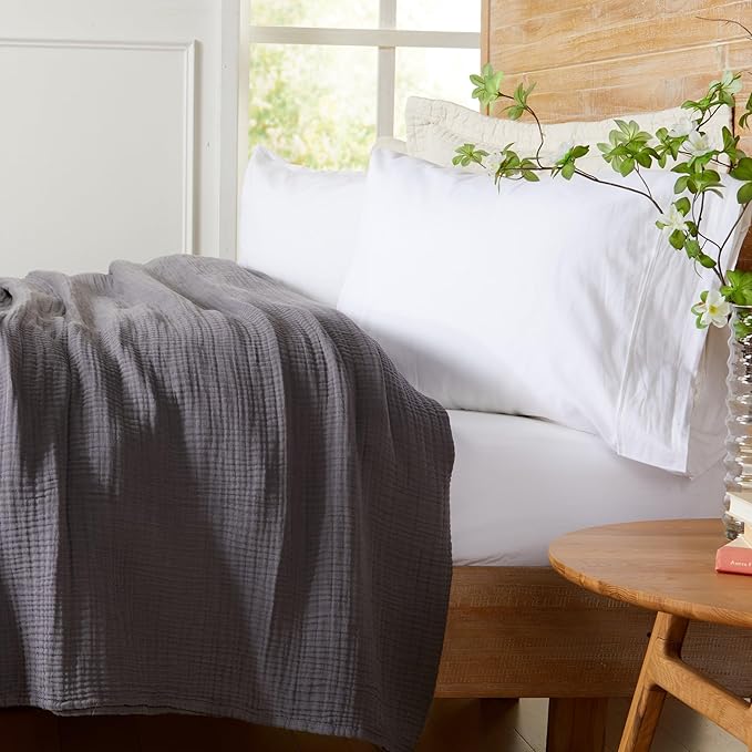 100% Cotton Muslin Full Queen Size Blanket | Soft, Breathable, and Lightweight Bed Blanket for All-Season | Perfect for Layering | Maria Collection (Full/Queen, Charcoal)