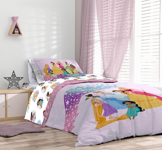 Disney Princess Full Comforter Set - 7 Piece Kids Bedding Includes Comforter, Sheets & Pillow Cover - Super Soft Rainbow Stars Microfiber Bed Set