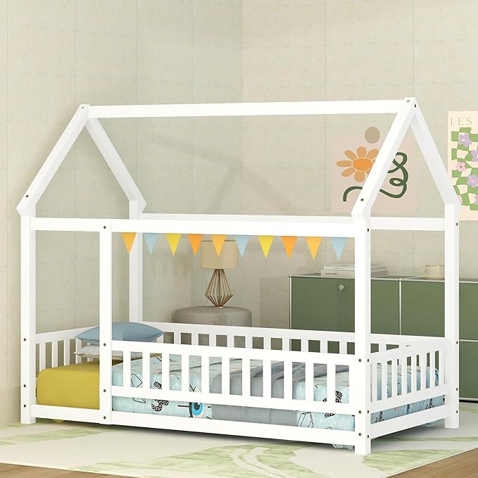 Bellemave Twin Size House Floor Bed,Wooden Montessori Bed with Fence and Roof for Kids,Twin Bed Frame for Boys,Girls(Twin,White)
