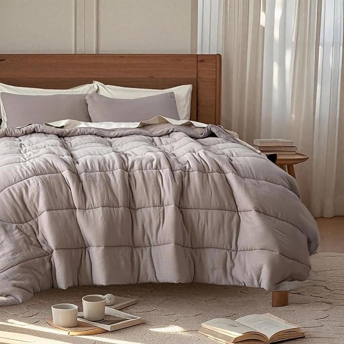 Simple&Opulence 100% Cotton Muslin Comforter Set Twin Size, 2PCS Washed Cotton Gauze Comforter, Soft Lightweight All Seasons Bedding Sets with 1 Pillow Sham(Grey-Brown,Twin)