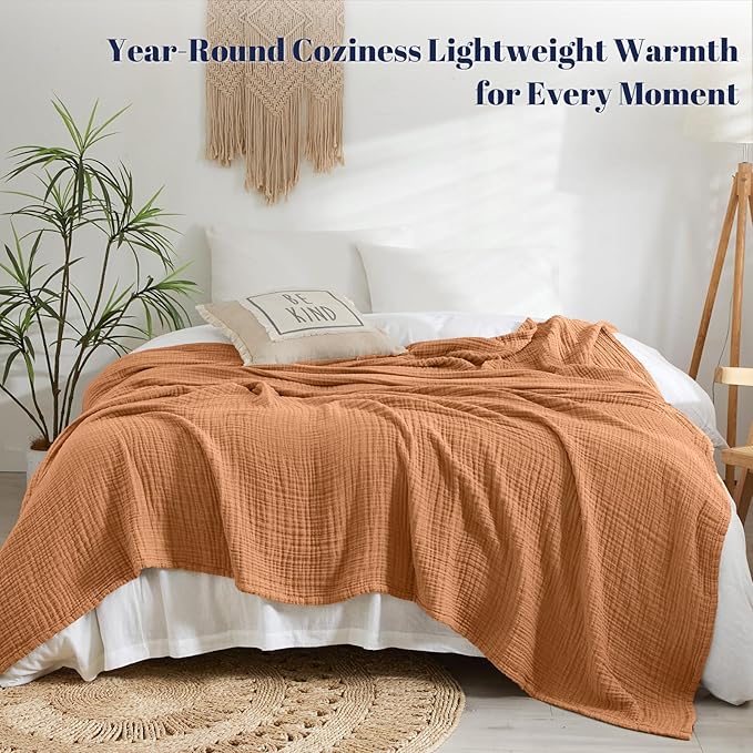 PHF 100% Cotton Muslin Blanket King Size 108"x90", 4-Layer Lightweight Gauze Throw, Breathable Cloud-Soft Minimalist Blanket for Bed, Couch, Camping & Baby, Caramel, Ideal Gift
