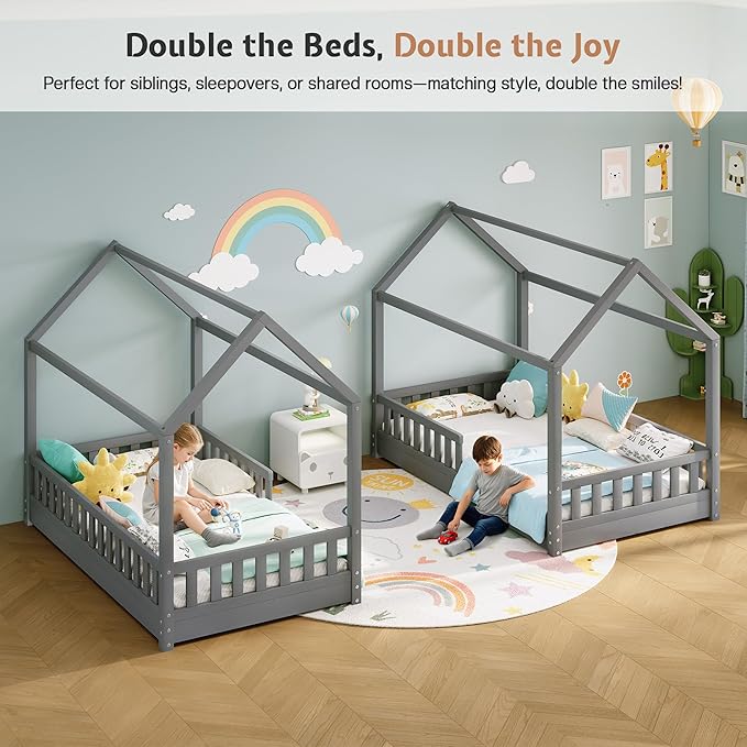 Jocisland Twin Size House Bed for Kids, Montessori Wooden Floor Bed Frame with Guardrails, Removable Rails, Playhouse Roof, Easy Assembly, Toddler Floor Bed for Boys & Girls, Grey