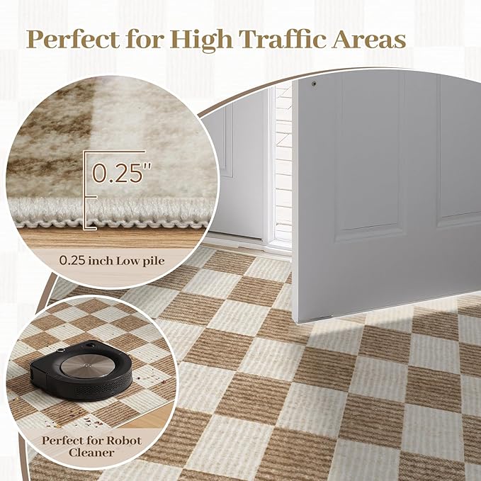 LIVEBOX 4x6 Washable Area Rug Checkered, Non-Slip Small Entryway Rug Brown Farmhouse Neutral Classic Geometric Boys Rug for Bedroom Living Room Low-Pile Carpet for Indoor Kitchen Bathroom(Brown 4'x6')