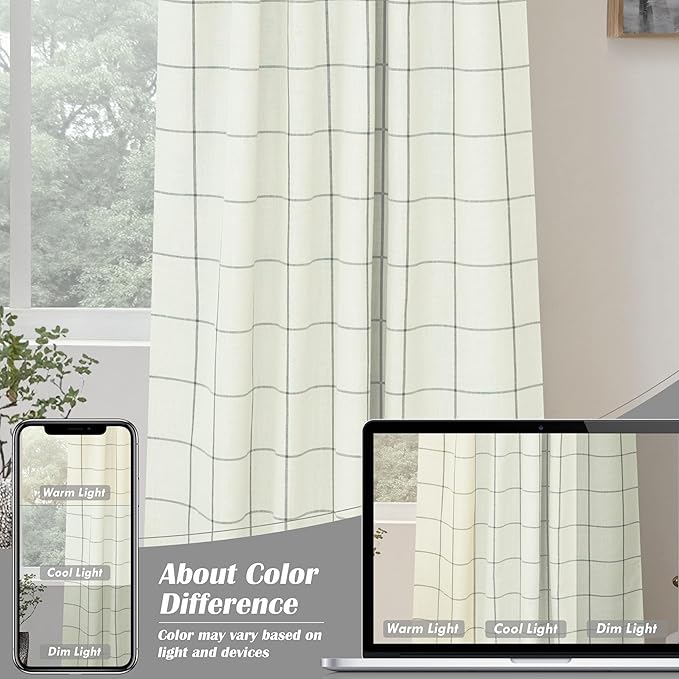 DriftAway 2 Panels 100% Blackout Windowpane Plaid Linen Curtains Double Layer Drapes for Bedroom 72 Inches Long Farmhouse Thermal Insulated 3.25 Inch Rod Pocket Back Tab for Living Room Gray