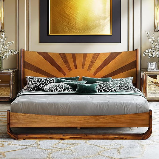 Sunset Solid Acacia Wood Queen Platform Bed, Tall Headboard, Mid-Century Art Deco Design, No Box Spring Needed, Sturdy Slat Support, Scratch & Water-Resistant, Caramel Finish