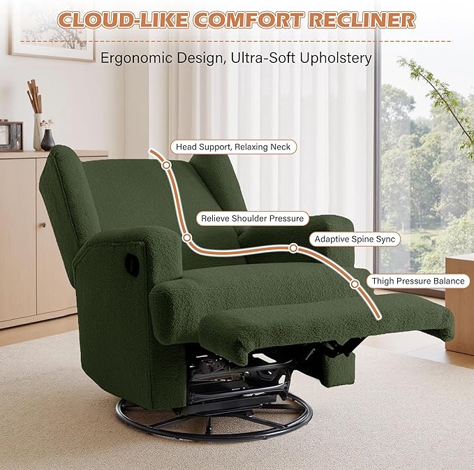 UIXE Swivel Glider Recliner Chair for Adults, Boucle High Back Accent Chair Nursery Rocker for Living Room, Upholstered Manual Reclining Sofa Seating with Deep Seat - Green