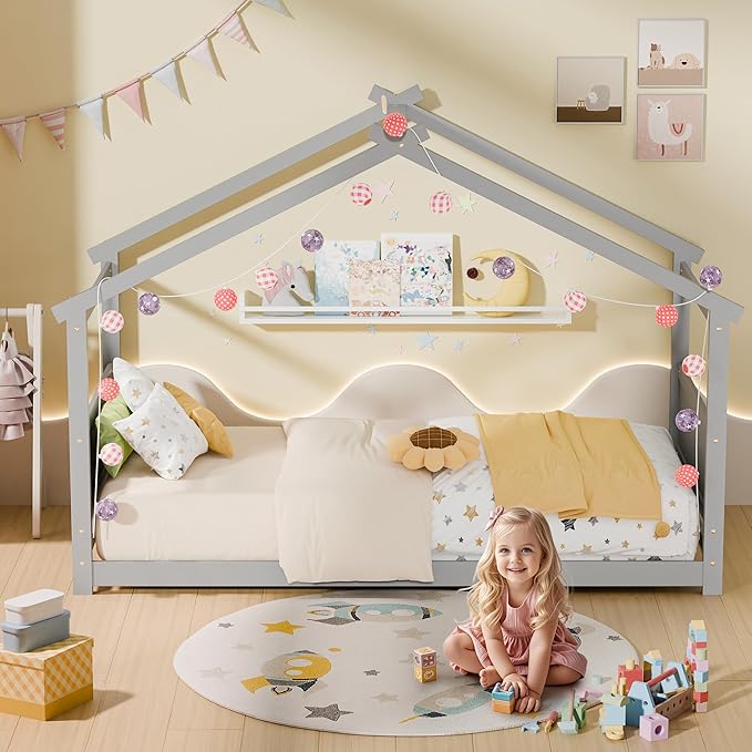 Twin House Bed, Montessori Floor Bed with Headboard & Footboard, Solid Wood Bed Frame for Toddlers Teens Bedroom, No Box Spring Needed, Grey