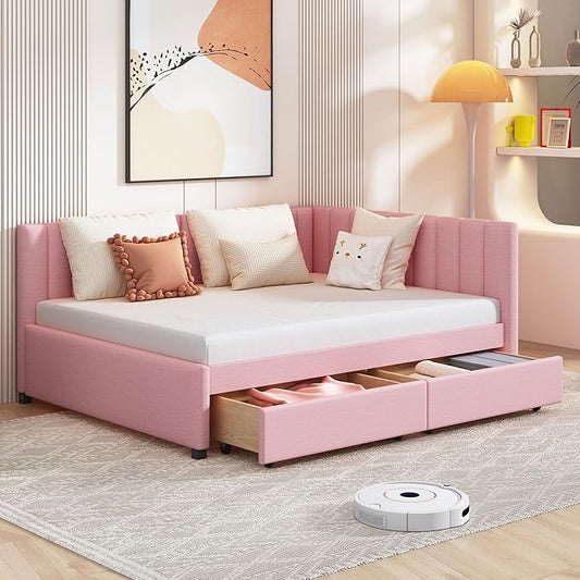 Harper & Bright Designs Full Size Upholstered Daybed with 2 Storage Drawers Sofa Bed Frame for Boys Girls Kids Adults Toddler No Box Spring Needed, Linen Fabric (Pink)