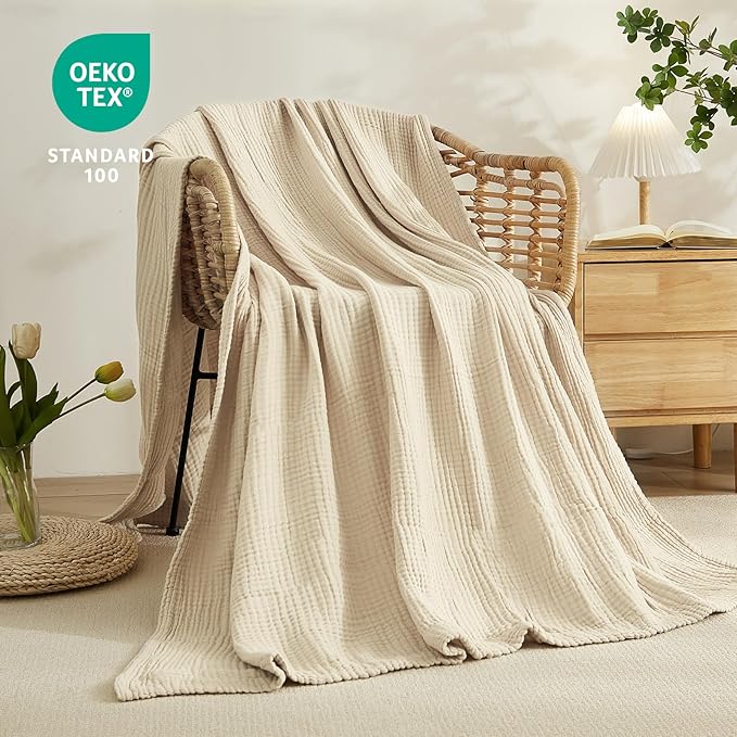 EMME Cotton Throw Blanket Large 50"x70" Gifts for Women 100% Muslin for Couch Breathable Gauze All Season Light Tan Soft and Lightweight Pre-Washed