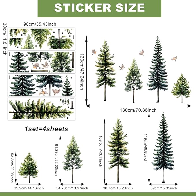 46.8" Green Pine Tree Wall Decals Large Forest Tree Wall Stickers 4 Sheets Peel and Stick Bird Wall Decal for Living Room Bedroom Nursery Kids Room Christmas Decor (Green Pine Trees)