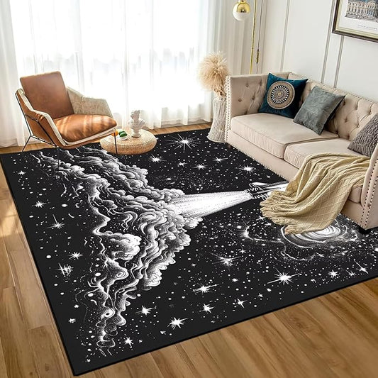6' x 9' Space Rocket Rug for Kids Bedroom Black Stars Galaxy Rugs Carpet Planet Printed Throw Rugs for Boys Teens Living Room,180x275cm